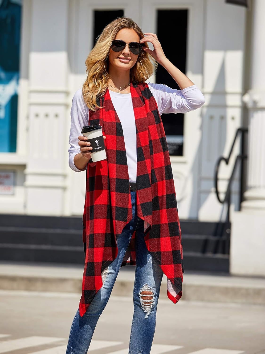 Womens Plaid Open Front Cardigan Sleeveless Drape Lightweight Vest Coat with Pockets